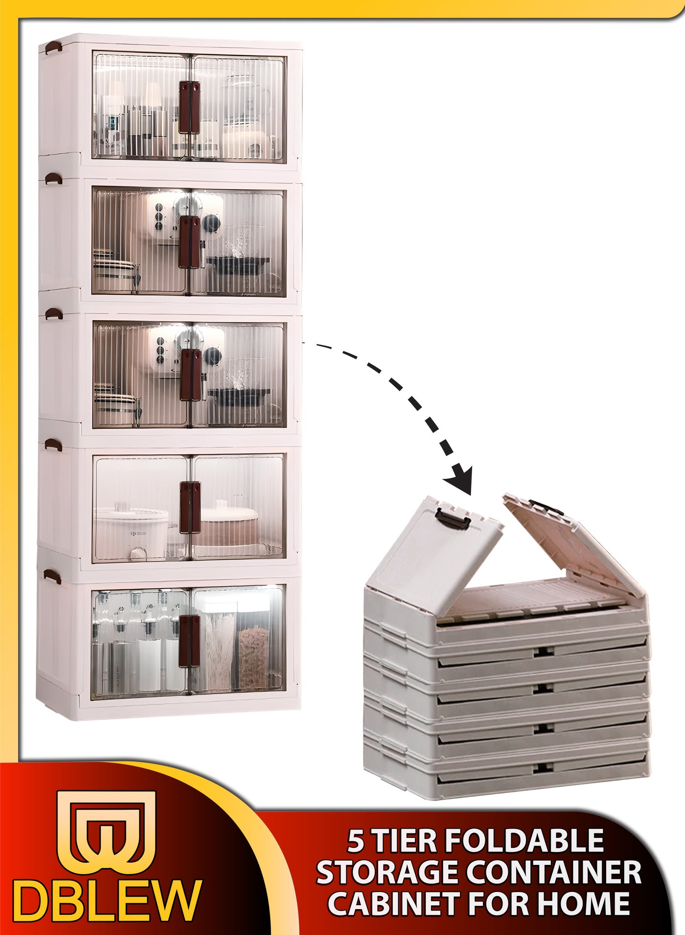 Stackable 5-Tier Plastic Storage Bins Large Clothes Cabinet Containers Organizer Box For Bedroom Kitchen Dorm Office Foldable Clear Doors Closet Organization Multi-Purpose Rack Shelf Shelves