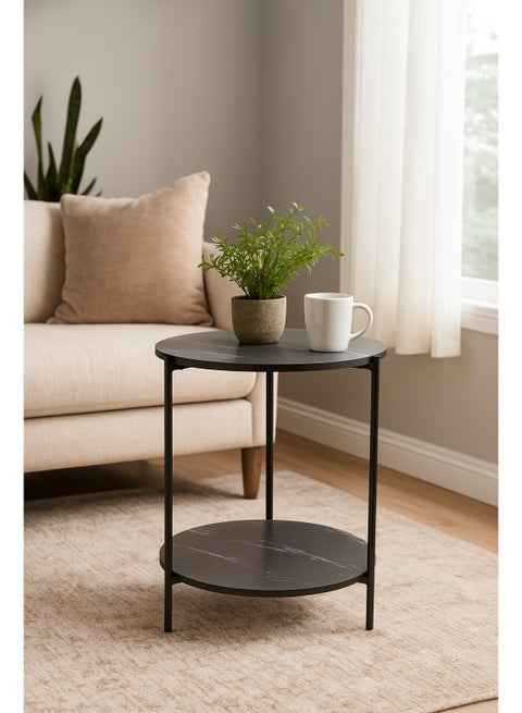 Round Side Table, Sofa Couch Table Black Marble particular board top with Storage Shelf, 2-Tier Industrial End Table, Stable Metal Frame, Wooden Look Accent Table for Small Spaces, Living Room, Bedroom, (Black)