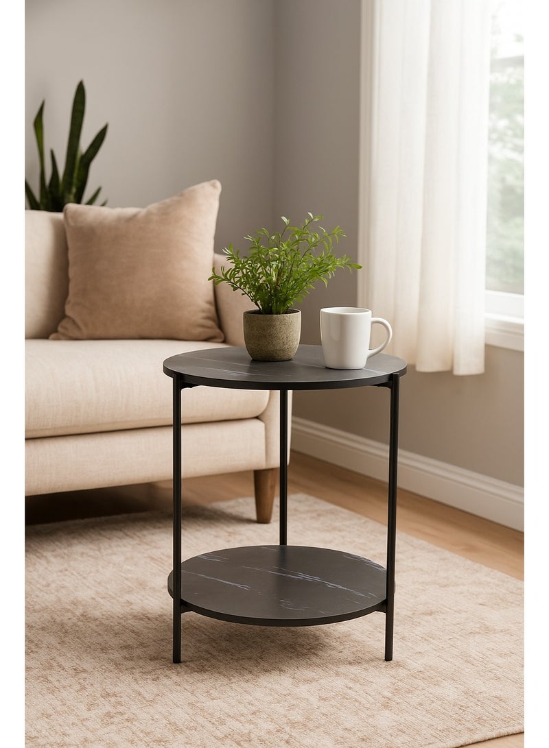اي اف تي طاولة جانبية دائرية، طاولة أريكة سوداء ذات سطح لوحي خاص من الرخام مع رف تخزين، طاولة نهائية صناعية من طابقين، إطار معدني ثابت، طاولة مميزة بمظهر خشبي للمساحات الصغيرة، غرفة المعيشة، غرفة النوم، (أسود) - Image 1