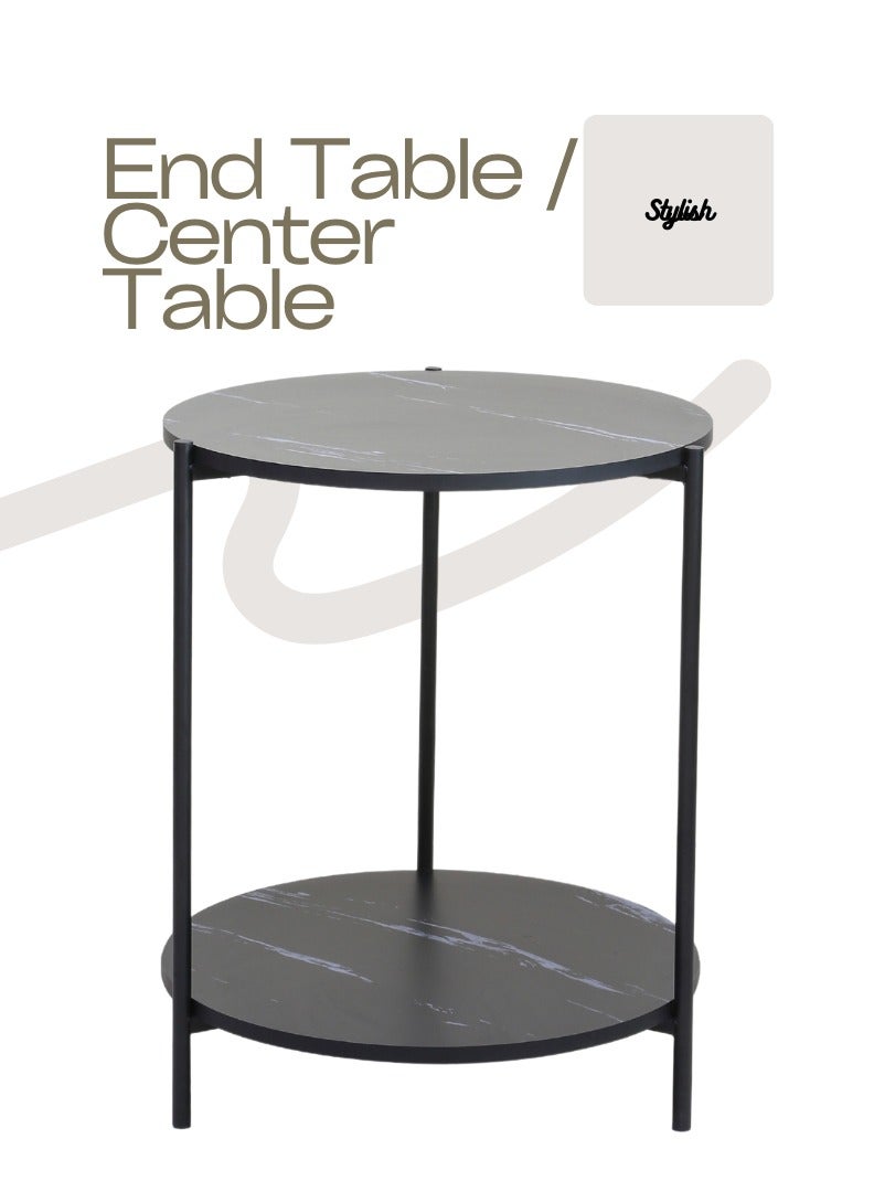 اي اف تي طاولة جانبية دائرية، طاولة أريكة سوداء ذات سطح لوحي خاص من الرخام مع رف تخزين، طاولة نهائية صناعية من طابقين، إطار معدني ثابت، طاولة مميزة بمظهر خشبي للمساحات الصغيرة، غرفة المعيشة، غرفة النوم، (أسود) - Image 3