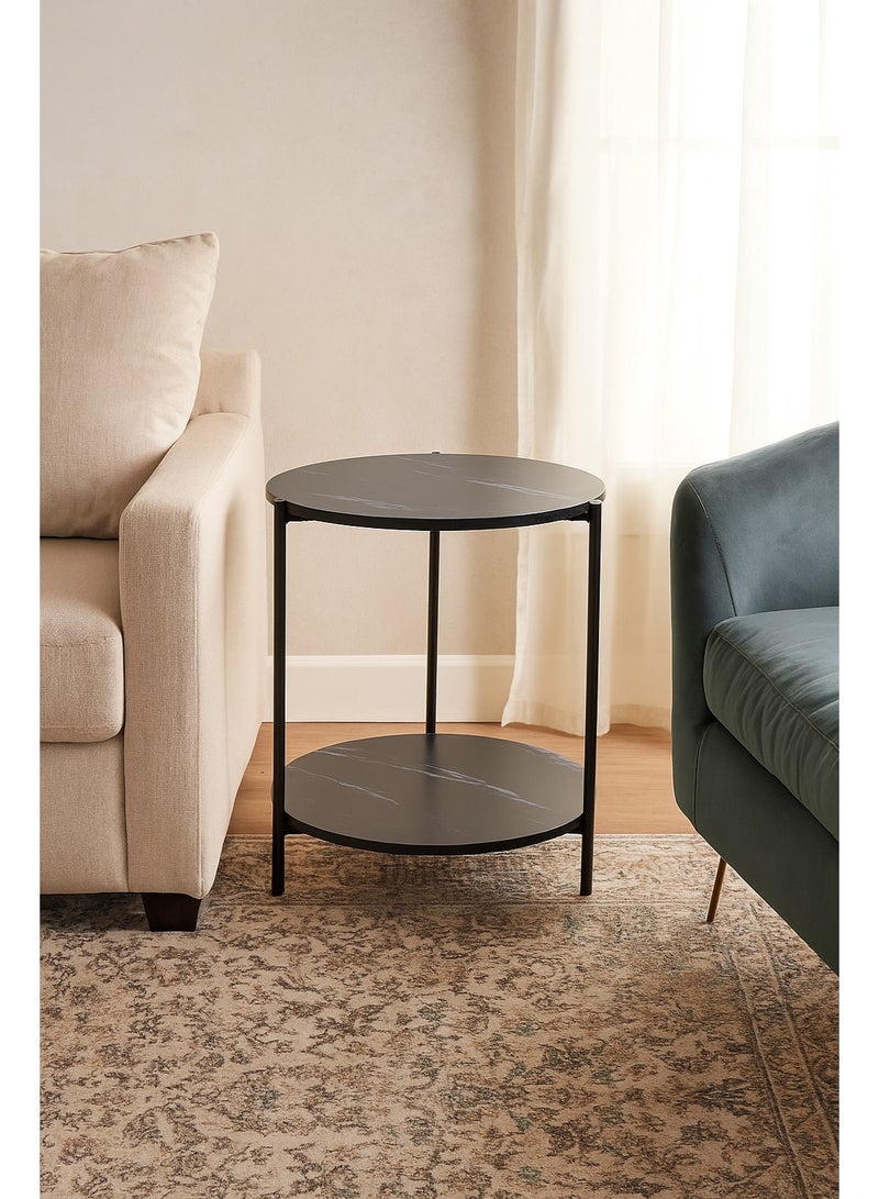 اي اف تي طاولة جانبية دائرية، طاولة أريكة سوداء ذات سطح لوحي خاص من الرخام مع رف تخزين، طاولة نهائية صناعية من طابقين، إطار معدني ثابت، طاولة مميزة بمظهر خشبي للمساحات الصغيرة، غرفة المعيشة، غرفة النوم، (أسود) - Image 2