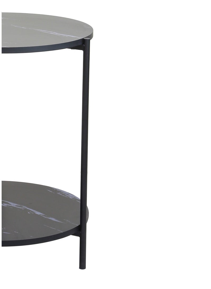 AFT - Round Side Table, Sofa Couch Table Black Marble particular board top with Storage Shelf, 2-Tier Industrial End Table, Stable Metal Frame, Wooden Look Accent Table for Small Spaces, Living Room, Bedroom, (Black) - Image 1