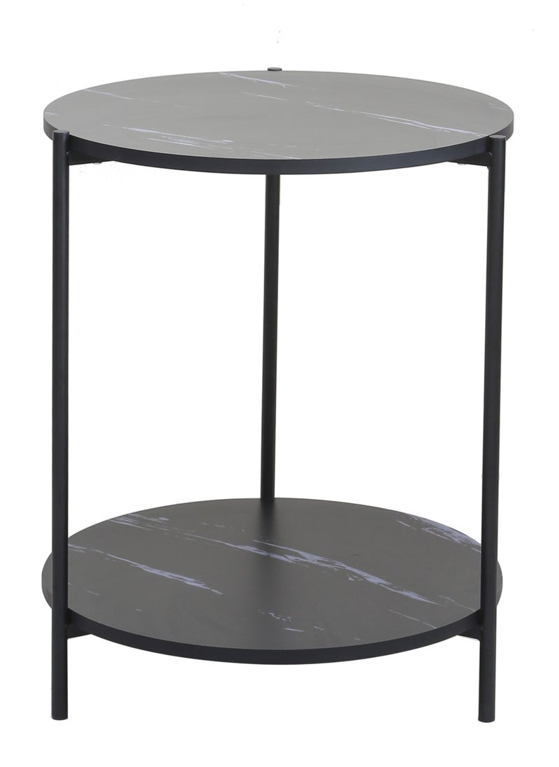 AFT - Round Side Table, Sofa Couch Table Black Marble particular board top with Storage Shelf, 2-Tier Industrial End Table, Stable Metal Frame, Wooden Look Accent Table for Small Spaces, Living Room, Bedroom, (Black) - Image 1