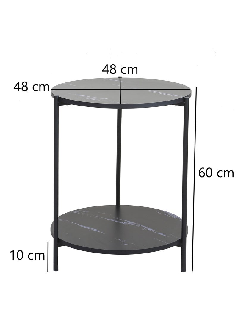 AFT - Round Side Table, Sofa Couch Table Black Marble particular board top with Storage Shelf, 2-Tier Industrial End Table, Stable Metal Frame, Wooden Look Accent Table for Small Spaces, Living Room, Bedroom, (Black) - Image 1