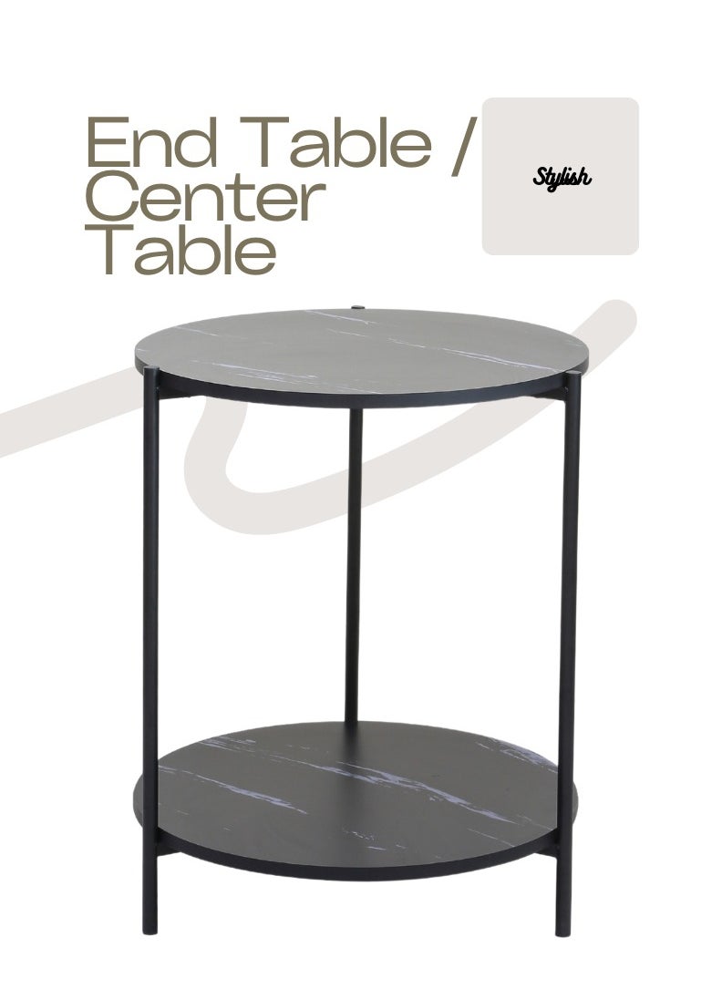 AFT - Round Side Table, Sofa Couch Table Black Marble particular board top with Storage Shelf, 2-Tier Industrial End Table, Stable Metal Frame, Wooden Look Accent Table for Small Spaces, Living Room, Bedroom, (Black) - Image 1