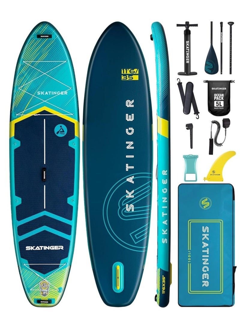 Skatinger Skatinger 11'6×35" Super Wide Inflatable Stand Up Paddle Board, Ultra Stable Wide SUP for 2+1 People/Family/Big Size w/Shoulder Strap, 100L Backpack, All-Round Sup Board, US Fin - Meteor Blue  - Image 1