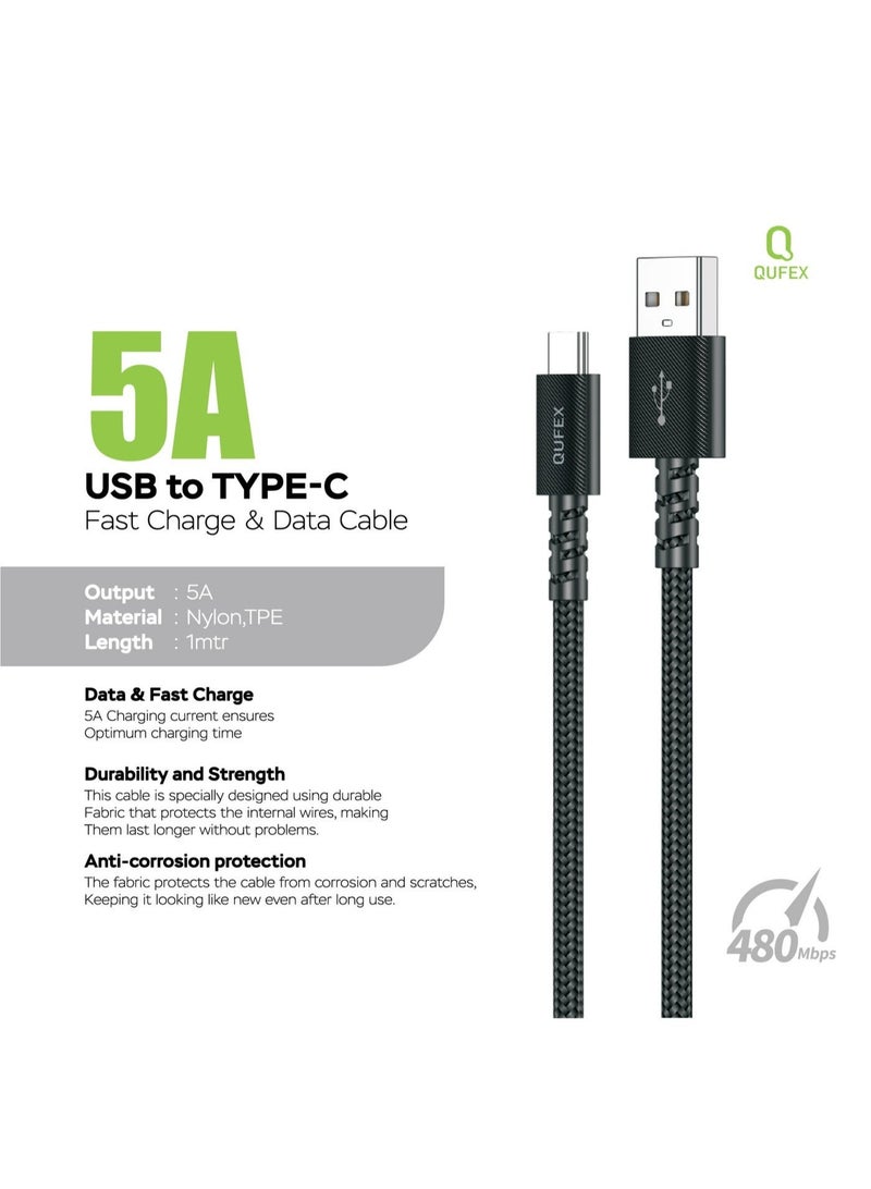 QUFEX Braided USB-A to USB-C Fast Charging Cable 5A, 1 Meter, Durable Nylon Braided – Black - Image 1