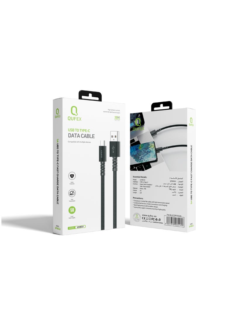 QUFEX Braided USB-A to USB-C Fast Charging Cable 5A, 1 Meter, Durable Nylon Braided – Black - Image 2