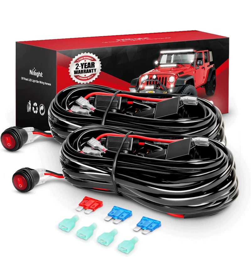 Nilight Nilight 2PCS 16AWG LED Light Bar Wiring Harness Kit - 2 Leads 12V On Off Switch Power Relay Blade Fuse for Off Road Lights LED Work Light, 2 Years Warranty  - Image 1
