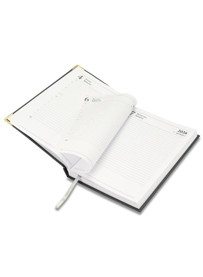 FIS مفكرة 2026، حجم A5 (148x210 مم)، غلاف صلب من مواد الفينيل، جانب واحد مبطن، زوايا ذهبية، إنجليزي، ورق أبيض 60 جرام، لون رمادي - FSDI22E26GY - Image 4