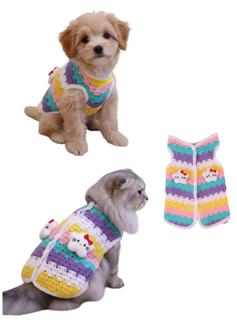 A.M colorful, crocheted cat or dog sweater featuring a design resembling the popular Hello Kitty character - Image 1