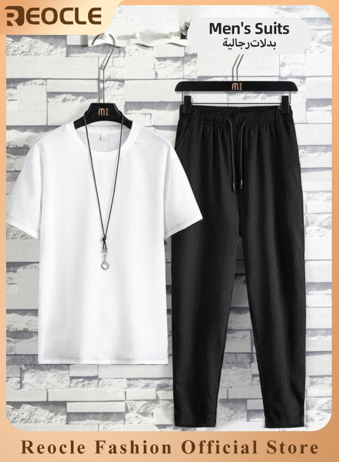 REOCLE 2 Piece Men's Ice Silk Suit Casual Short Sleeve Loose Pant with Solid Color Design & Comfortable & Breathable Summer Stretch Tracksuit Sweatpants Suit - Image 1