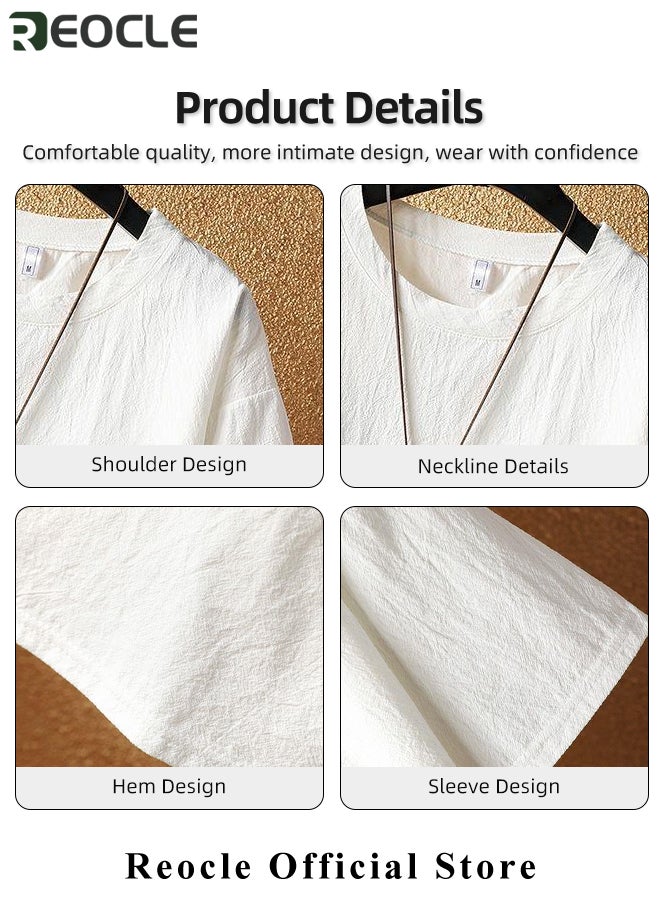 REOCLE 2 Piece Men's Ice Silk Suit Casual Short Sleeve Loose Pant with Solid Color Design & Comfortable & Breathable Summer Stretch Tracksuit Sweatpants Suit - Image 3