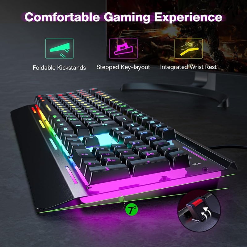 تيك نيت لوحة مفاتيح للألعاب من TECKNET بإضاءة RGB، متصلة بالكمبيوتر عبر كابل USB، مزودة بـ 15 منطقة إضاءة RGB، لوحة مفاتيح كاملة المعدن، مقاومة للماء والغبار (مستوى IP32)، لون أسود - Image 3
