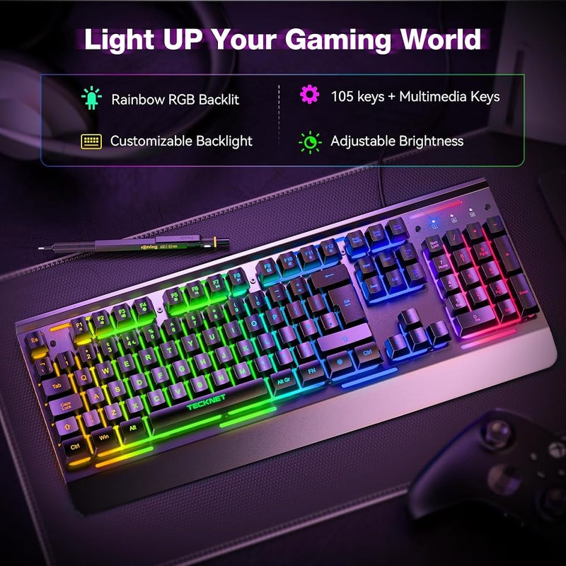 تيك نيت لوحة مفاتيح للألعاب من TECKNET بإضاءة RGB، متصلة بالكمبيوتر عبر كابل USB، مزودة بـ 15 منطقة إضاءة RGB، لوحة مفاتيح كاملة المعدن، مقاومة للماء والغبار (مستوى IP32)، لون أسود - Image 2