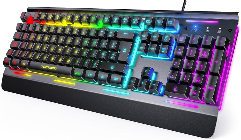 تيك نيت لوحة مفاتيح للألعاب من TECKNET بإضاءة RGB، متصلة بالكمبيوتر عبر كابل USB، مزودة بـ 15 منطقة إضاءة RGB، لوحة مفاتيح كاملة المعدن، مقاومة للماء والغبار (مستوى IP32)، لون أسود - Image 1