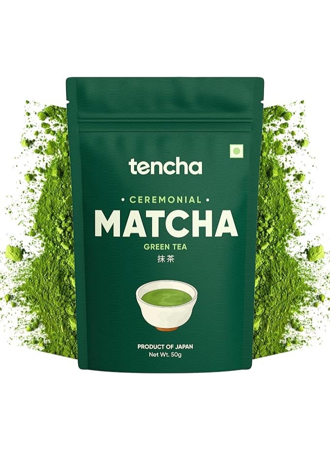 تينشا مسحوق شاي ماتشا الاخضر الياباني من سيرمونيال ماتشا | مصدره شيزوكا اليابان | نباتي | بدون محليات صناعية | 50 جرام، - Image 1