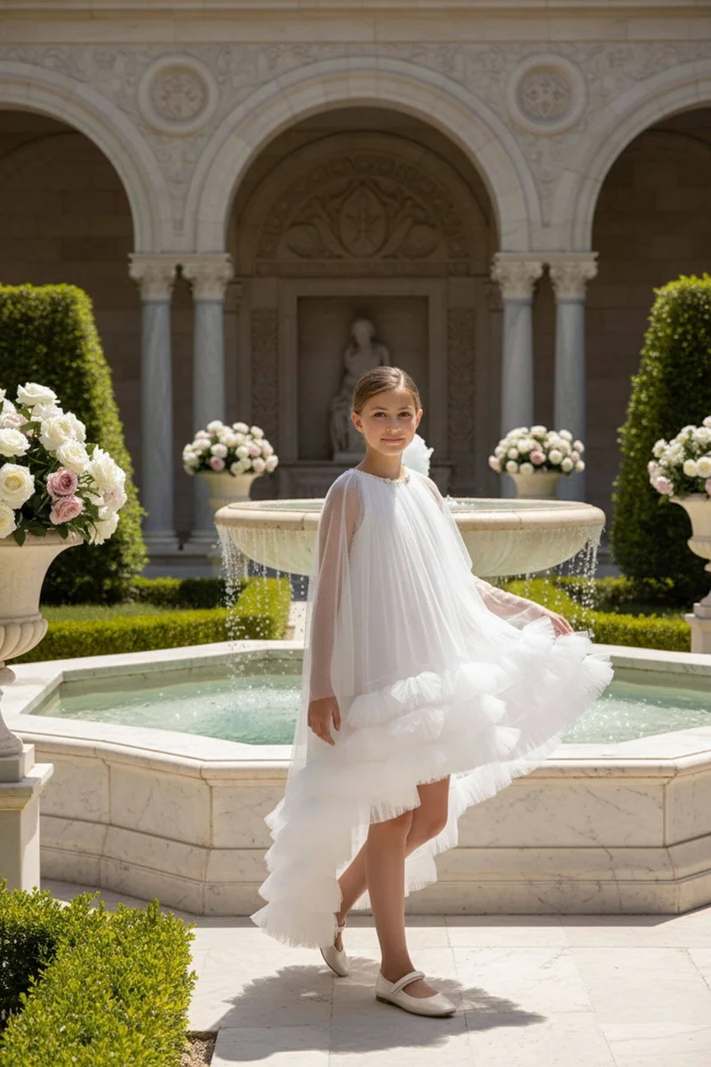 فيا بامبينو White Couture High-Low Ruffle Dress 36125