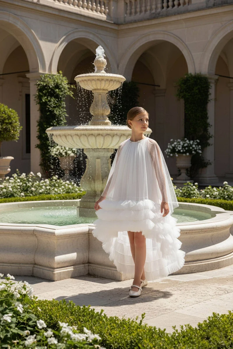 فيا بامبينو White Couture High-Low Ruffle Dress 36125