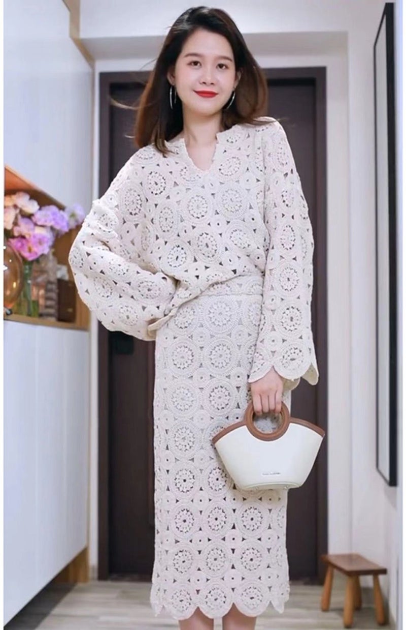 Fall 2023 new gentle style casual temperament commuter hollow lace shirt skirt two-piece suit for women Apricot top - Image 4