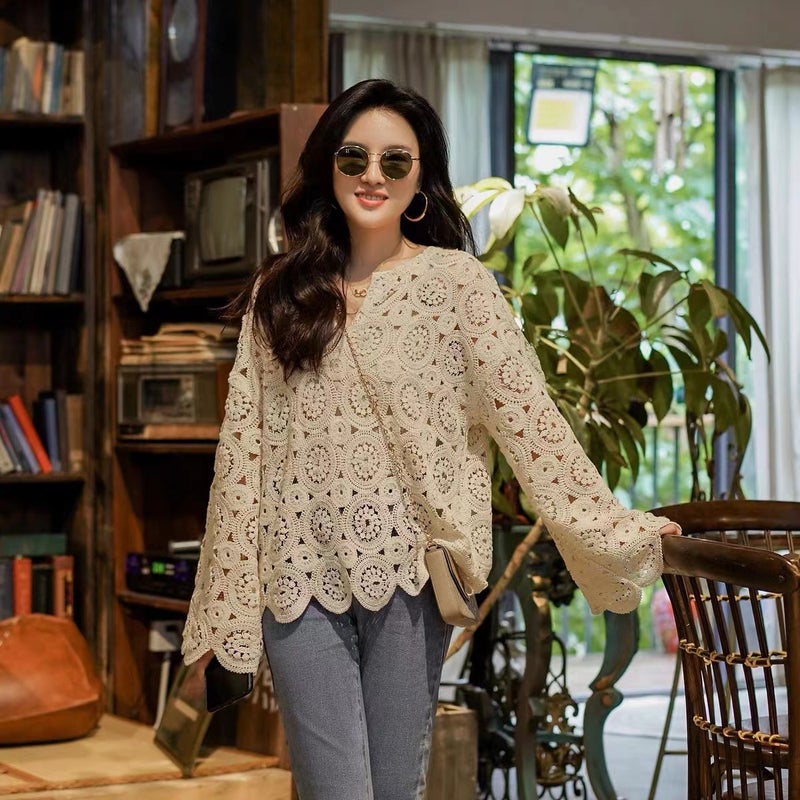 Fall 2023 new gentle style casual temperament commuter hollow lace shirt skirt two-piece suit for women Apricot top - Image 1