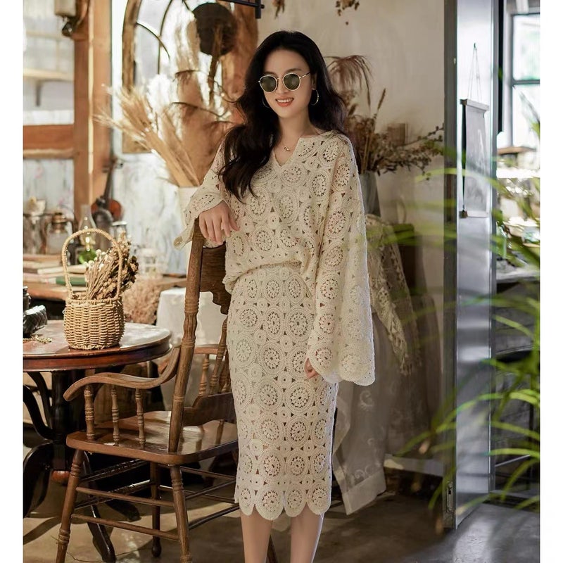 Fall 2023 new gentle style casual temperament commuter hollow lace shirt skirt two-piece suit for women Apricot top - Image 3