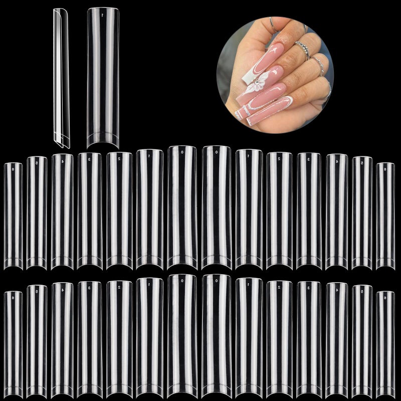 Deciniee 504PCS XXL Square No C Curve Nail Tips for Acrylic Nails Professional Clear Tapered Square Straight Half Cover Extra Long Fake Nails Ballerina Coffin Nails Tips for Salons DIY Nail Art