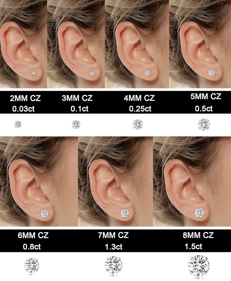 Tornito 6-7 Pairs 20G Stainless Steel Stud Earrings Round Square Cubic Zirconia Earring Set For Men Women 2MM-8MM - Image 2