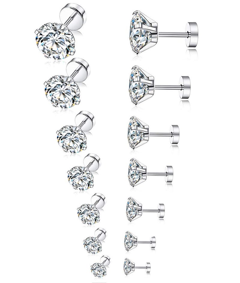 Tornito 6-7 Pairs 20G Stainless Steel Stud Earrings Round Square Cubic Zirconia Earring Set For Men Women 2MM-8MM - Image 1