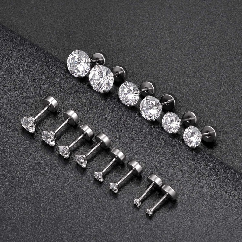 Tornito 6-7 Pairs 20G Stainless Steel Stud Earrings Round Square Cubic Zirconia Earring Set For Men Women 2MM-8MM - Image 5