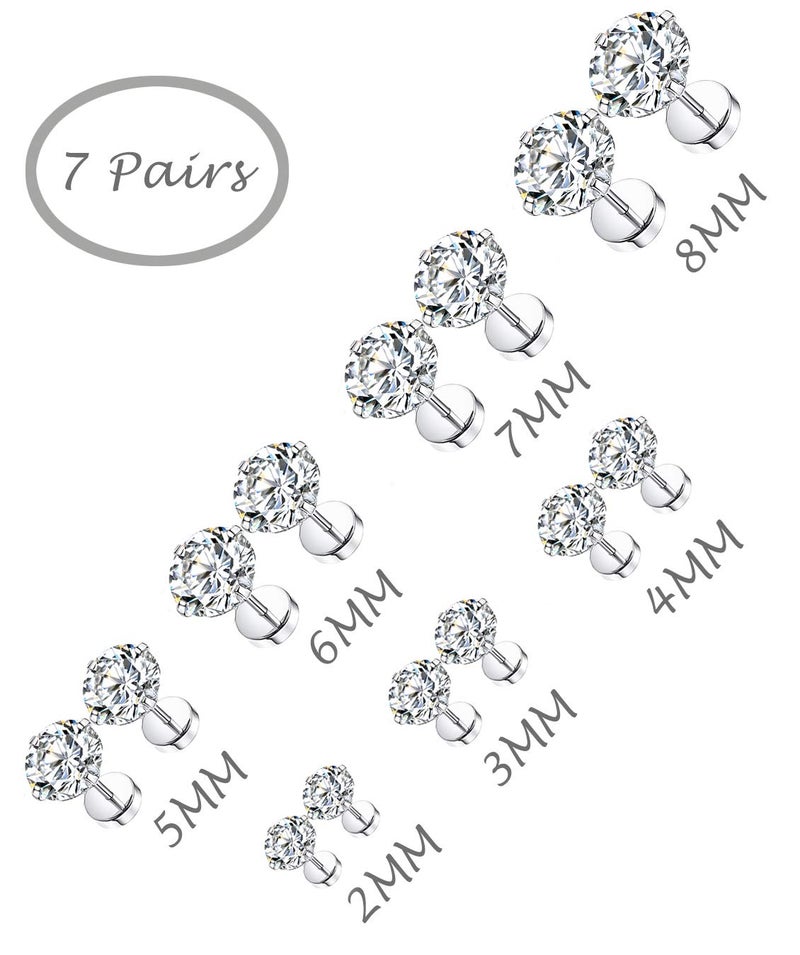 Tornito 6-7 Pairs 20G Stainless Steel Stud Earrings Round Square Cubic Zirconia Earring Set For Men Women 2MM-8MM - Image 3