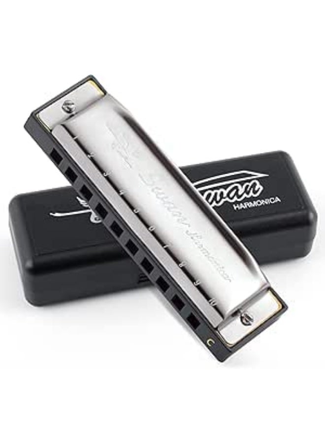 SWAN Blues Harmonica C Key for Kids Adults, 10 Hole Diatonic Harmonica Key of C, Metal Blues Harp for Beginners Students, Mouth Organ in Case, Silver - Image 3