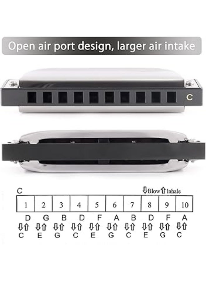 SWAN Blues Harmonica C Key for Kids Adults, 10 Hole Diatonic Harmonica Key of C, Metal Blues Harp for Beginners Students, Mouth Organ in Case, Silver - Image 2