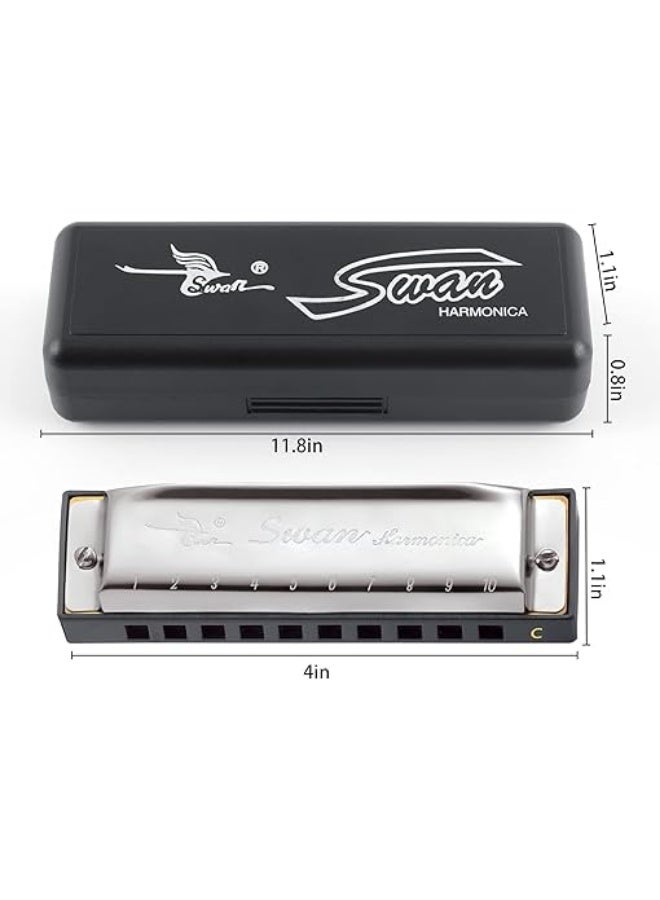 SWAN Blues Harmonica C Key for Kids Adults, 10 Hole Diatonic Harmonica Key of C, Metal Blues Harp for Beginners Students, Mouth Organ in Case, Silver - Image 1