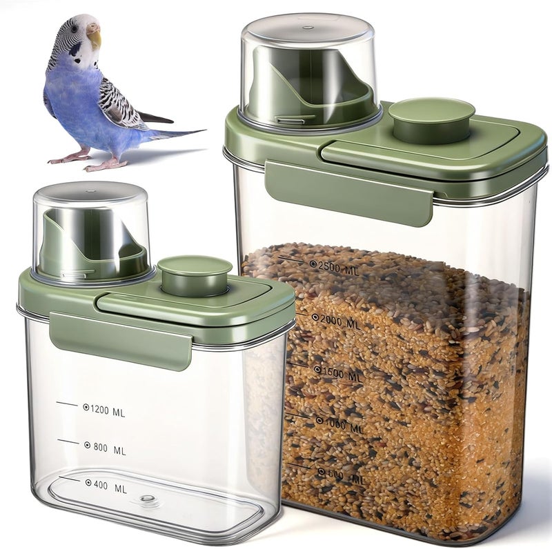 Maxdot 2 Pcs Bird Food Storage Container, Bird Seed Container with Lids Airtight Cup Pet Parrot Food Storage 1.7 Qt & 3 Qt Measuring Containers Easy Pour Spouts for Macaws African Cockatoos(Green) - Image 1