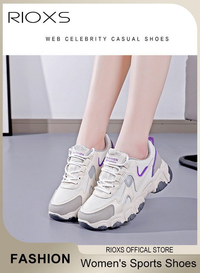 RIOXS Women's Chunky Trainers, Classic Round Shoe Laces for Sneakers, Comfy Breathable Mesh Sport Shoes, Non-slip Sneakers for Walking Jogging Running, Stylish Street Tennis Shoes, Platform Trainers for Women, Beige Grey Sport Shoes for Work and Weekend Outings - Image 4