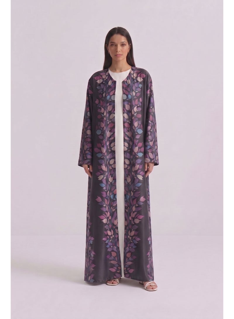 Next Abaya Luxury Symmetrical Botanical Leaf Print Silk Open Abaya Purple and Black Kimono - Image 1