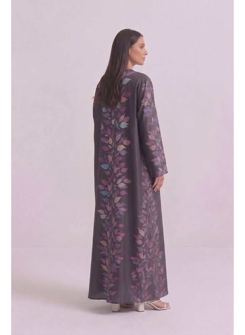 Next Abaya Luxury Symmetrical Botanical Leaf Print Silk Open Abaya Purple and Black Kimono - Image 2