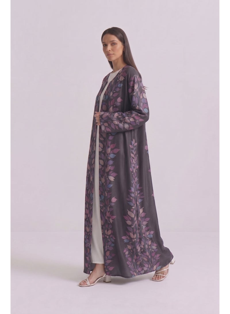 Next Abaya Luxury Symmetrical Botanical Leaf Print Silk Open Abaya Purple and Black Kimono - Image 3