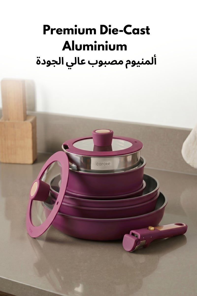 كاروت طقم أواني كاروت 21 قطعة سيراميك غير لاصق بمقابض قابلة للفصل، تصميم قابل للتكديس مع أغطية، خالٍ من PFAS لطهي صحي، متوافق مع جميع المواقد وآمن لغسالة الصحون (بنفسجي) - Image 5