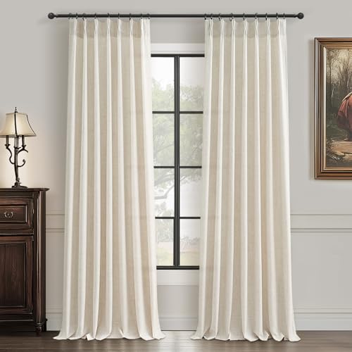 PleatedDrapes 102 Inch Long Curtains for Living Room, Light Filtering Privacy Pinch Pleated Curtain Back Tab for Track System Semi Sheer Drapes Cream Ivory Faux Linen Textured 40" W x 102" L 2 Panels - Image 2