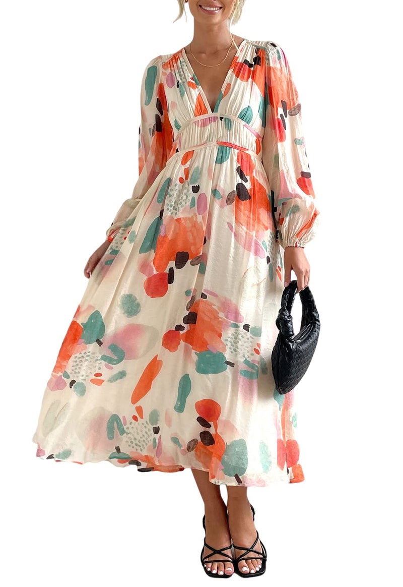 Maxigerui Women's Long Sleeve Floral Maxi Dress 2026 Spring Summer Wedding Guest Dress Red Watercolor XL - Image 1