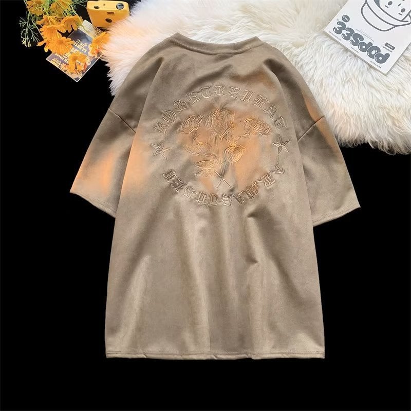 Heavy pink T-shirt men's summer fashion brand American retro embroidered couple short sleeve Suede half sleeve - Image 4