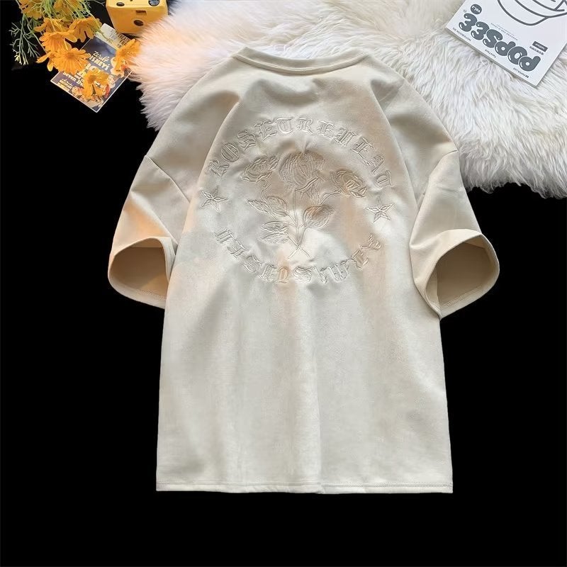 Heavy pink T-shirt men's summer fashion brand American retro embroidered couple short sleeve Suede half sleeve - Image 5