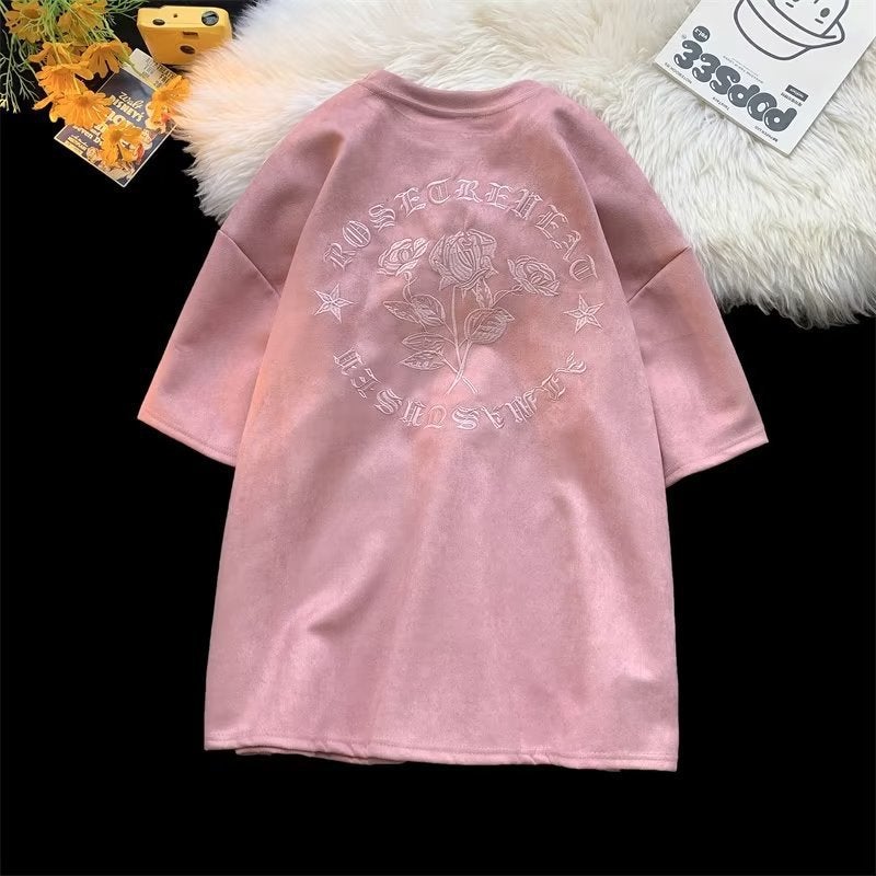 Heavy pink T-shirt men's summer fashion brand American retro embroidered couple short sleeve Suede half sleeve - Image 2