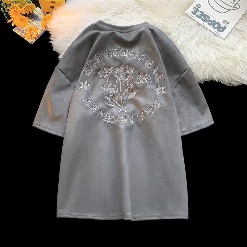 Heavy pink T-shirt men's summer fashion brand American retro embroidered couple short sleeve Suede half sleeve - Image 3