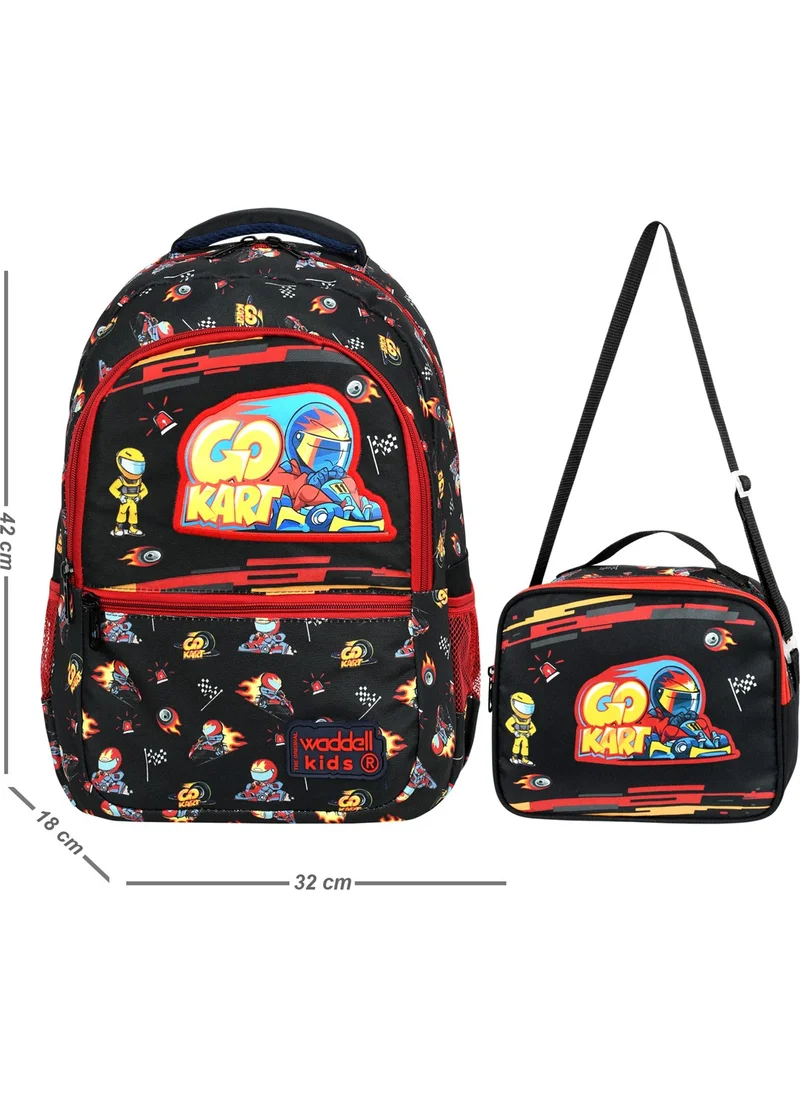 Waddell Licensed Go Kart Leather Embroidery Patterned Boys Primary School Backpack and Lunch Bag