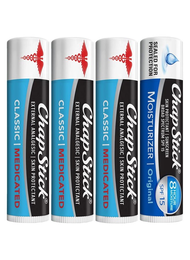 chapstick Dry Lips & Cold Sore Pain Relief Bundle – Classic Medicated ChapStick 3-Pack + Original Moisturizer Lip Balm with SPF 15, 0.15 Oz Ea (4 Piece Set) - Image 1