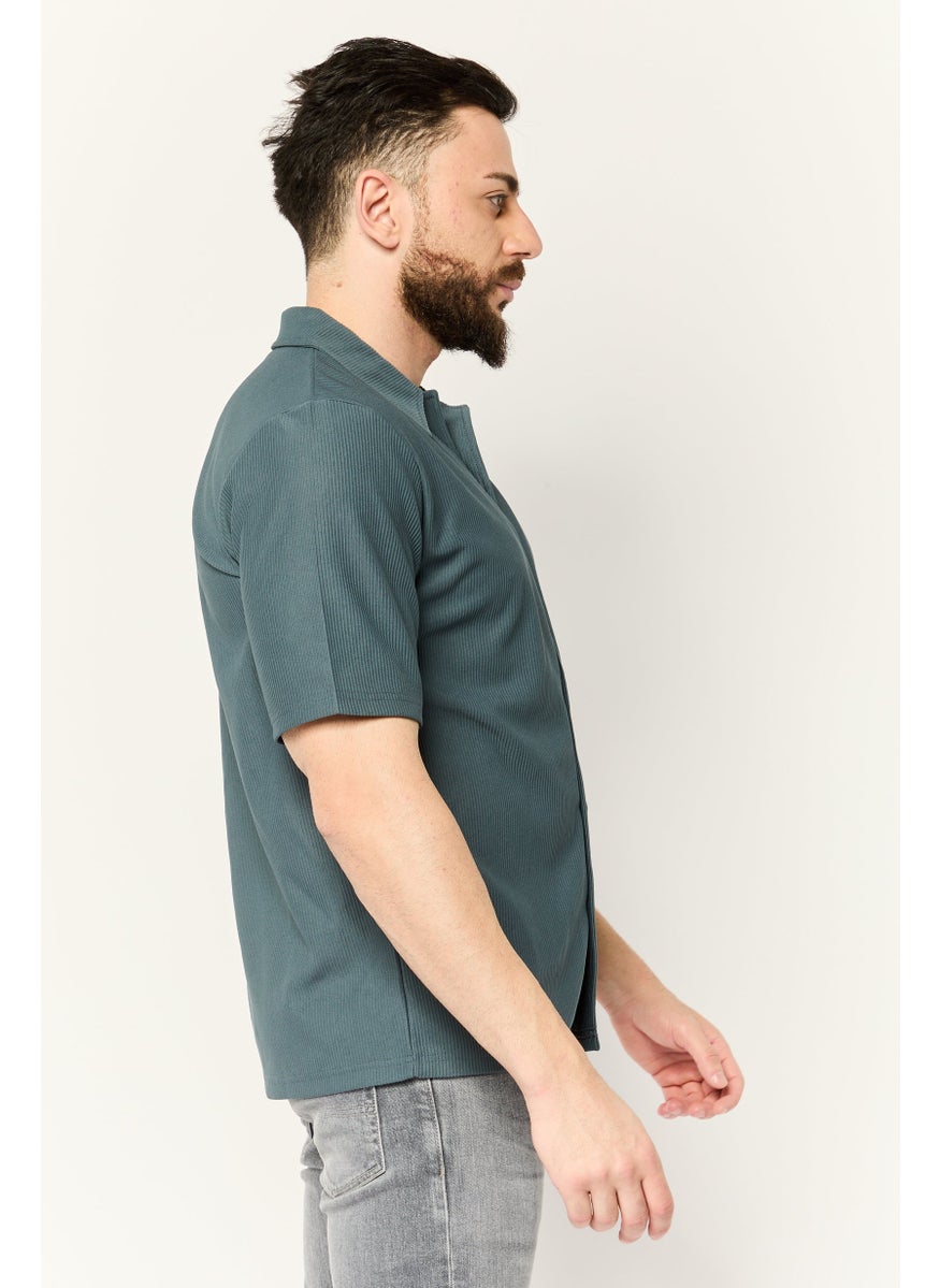 Core Elements Men Regular Fit Short Sleeve Ribbed Casual Shirts, Dark Slate Blue  - Image 4