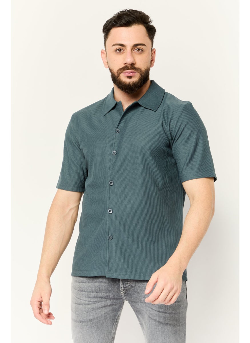 Core Elements Men Regular Fit Short Sleeve Ribbed Casual Shirts, Dark Slate Blue  - Image 1